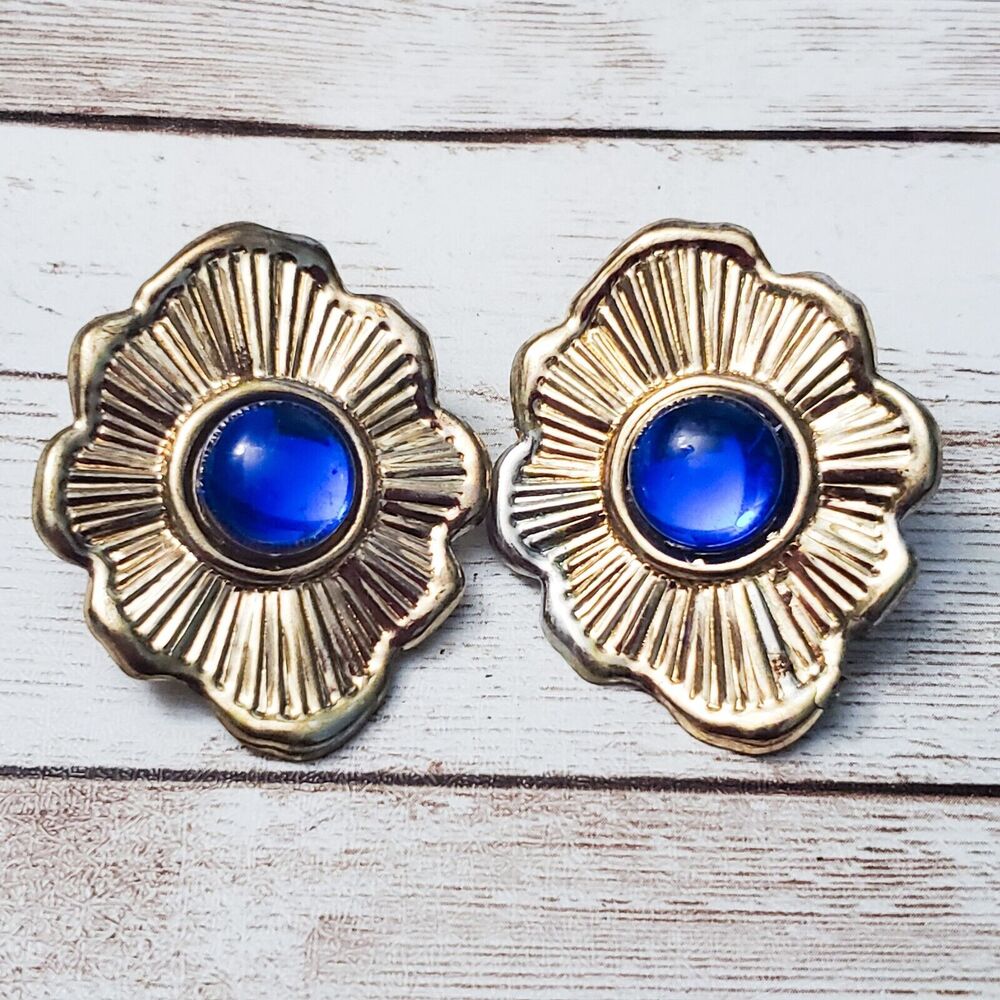 Vintage Clip On Earrings - Large Gold Tone & Blue Center Flower Like Shape